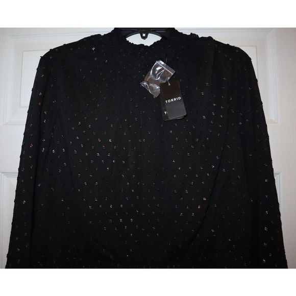Torrid Women's Plus Sz 3 (3X) Deep Black Mini Clip Dot Blouson Sleeve Dress $86 - Picture 5 of 16